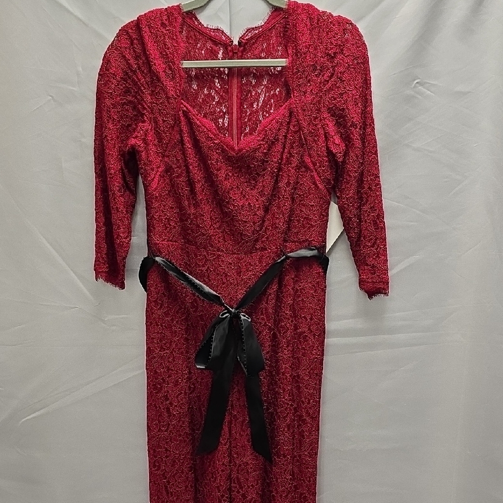 Elegant Red Lace Jumpsuit with Black Ribbon Belt